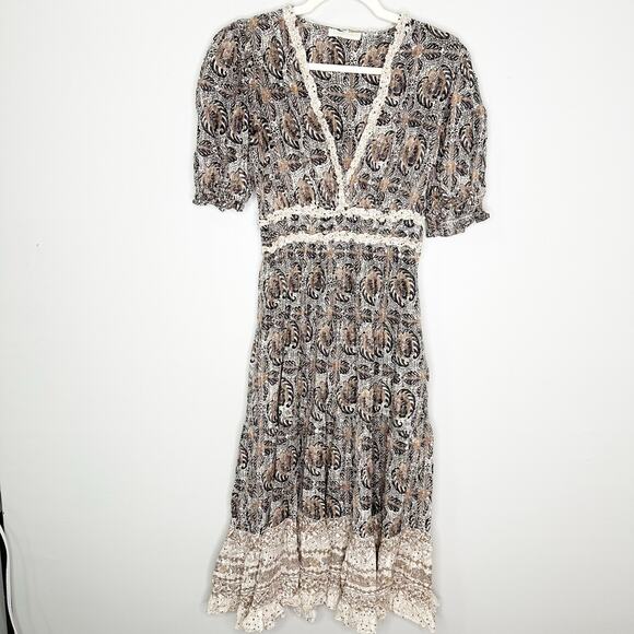 Ulla Johnson Elli Dress Yarrow Puff Sleeve Midi Length V Neck Leaf Print Dress 6 - Picture 4 of 10